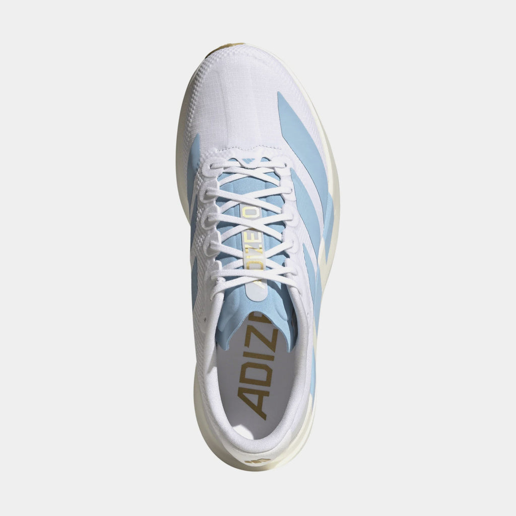 Adizero Evo SL Woven Mens Running Shoes (Cloud White/Clear Blue/Matte Gold)